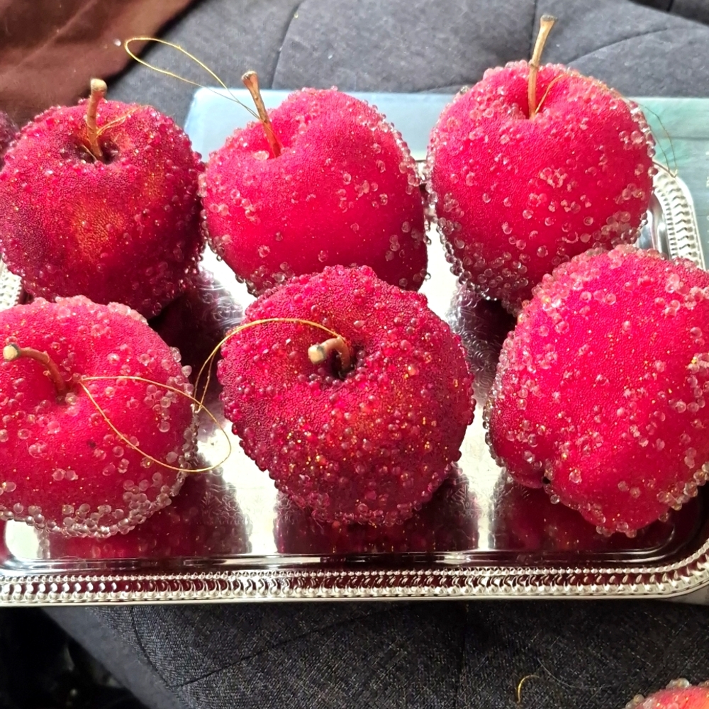Vintage Sugared Red Apple Ornaments Set Of 6 Faux Fruit